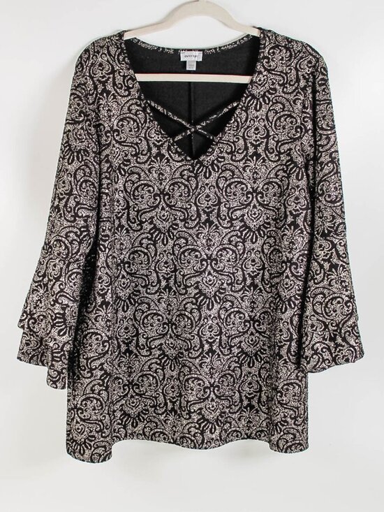 Avenue Tops - Avenue Black Gold Metallic Paisley Bell Sleeve Blouse Plus Size 18/20